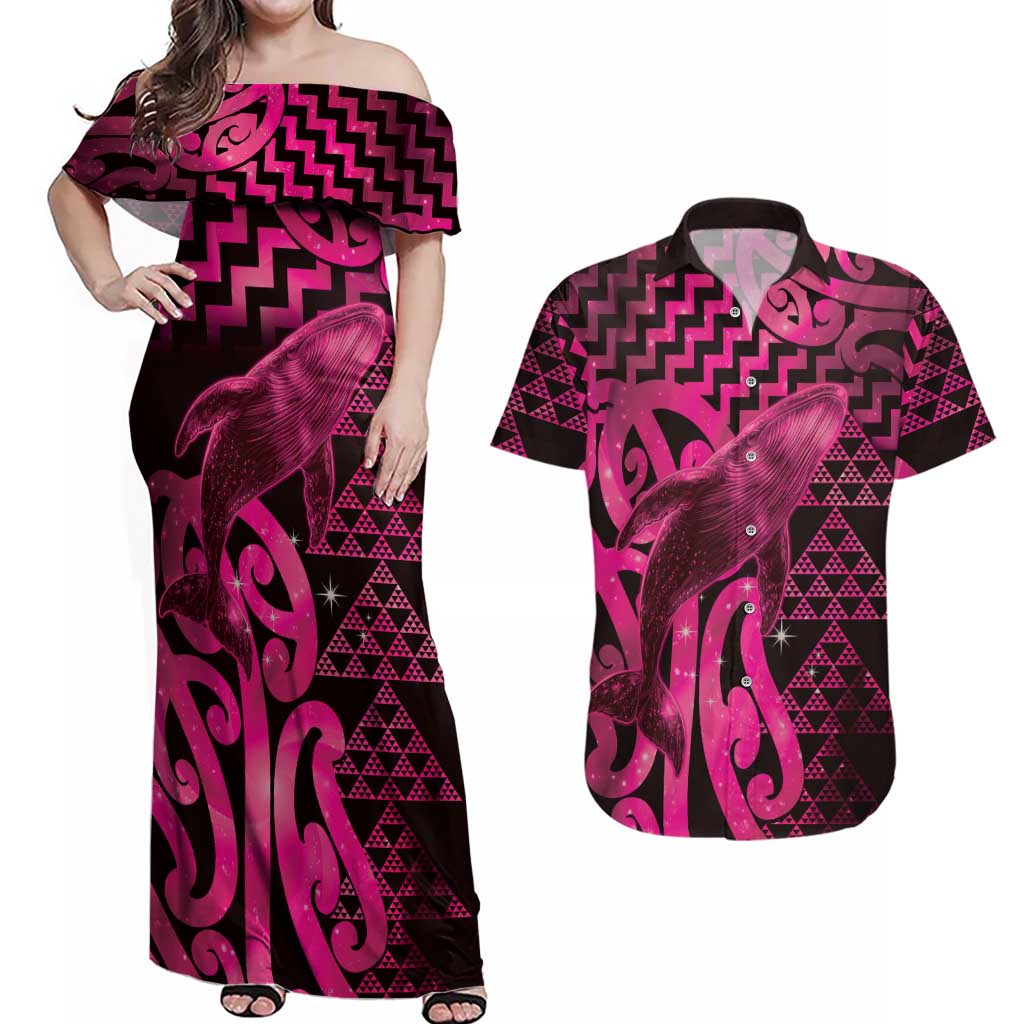 Humpback Whale Matariki New Zealand Couples Matching Off Shoulder Maxi Dress and Hawaiian Shirt NZ Maori Paikea Poutama Luxury Pink LT14 Pink - Polynesian Pride