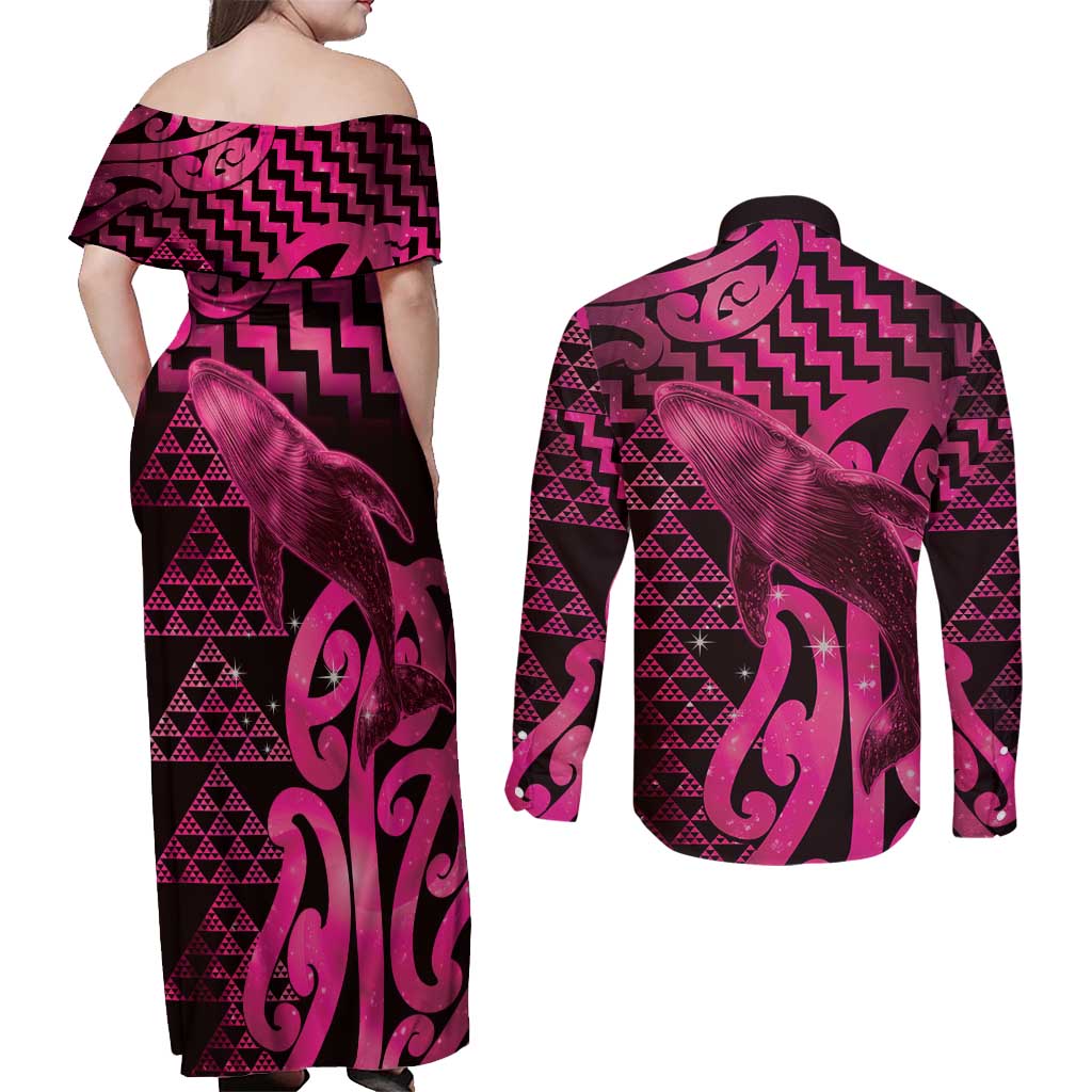 Humpback Whale Matariki New Zealand Couples Matching Off Shoulder Maxi Dress and Long Sleeve Button Shirt NZ Maori Paikea Poutama Luxury Pink LT14 - Polynesian Pride