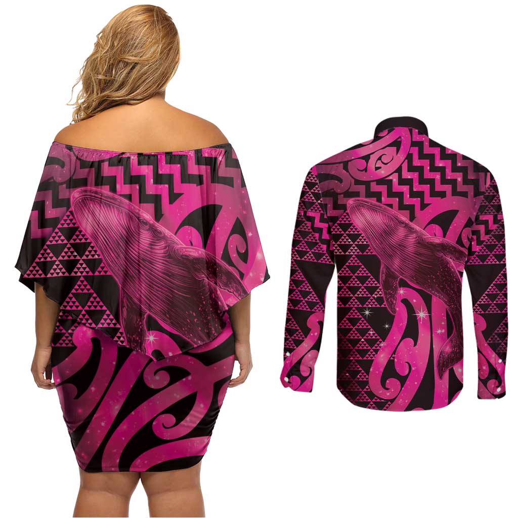 Humpback Whale Matariki New Zealand Couples Matching Off Shoulder Short Dress and Long Sleeve Button Shirt NZ Maori Paikea Poutama Luxury Pink LT14 - Polynesian Pride