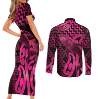 Humpback Whale Matariki New Zealand Couples Matching Short Sleeve Bodycon Dress and Long Sleeve Button Shirt NZ Maori Paikea Poutama Luxury Pink LT14 - Polynesian Pride