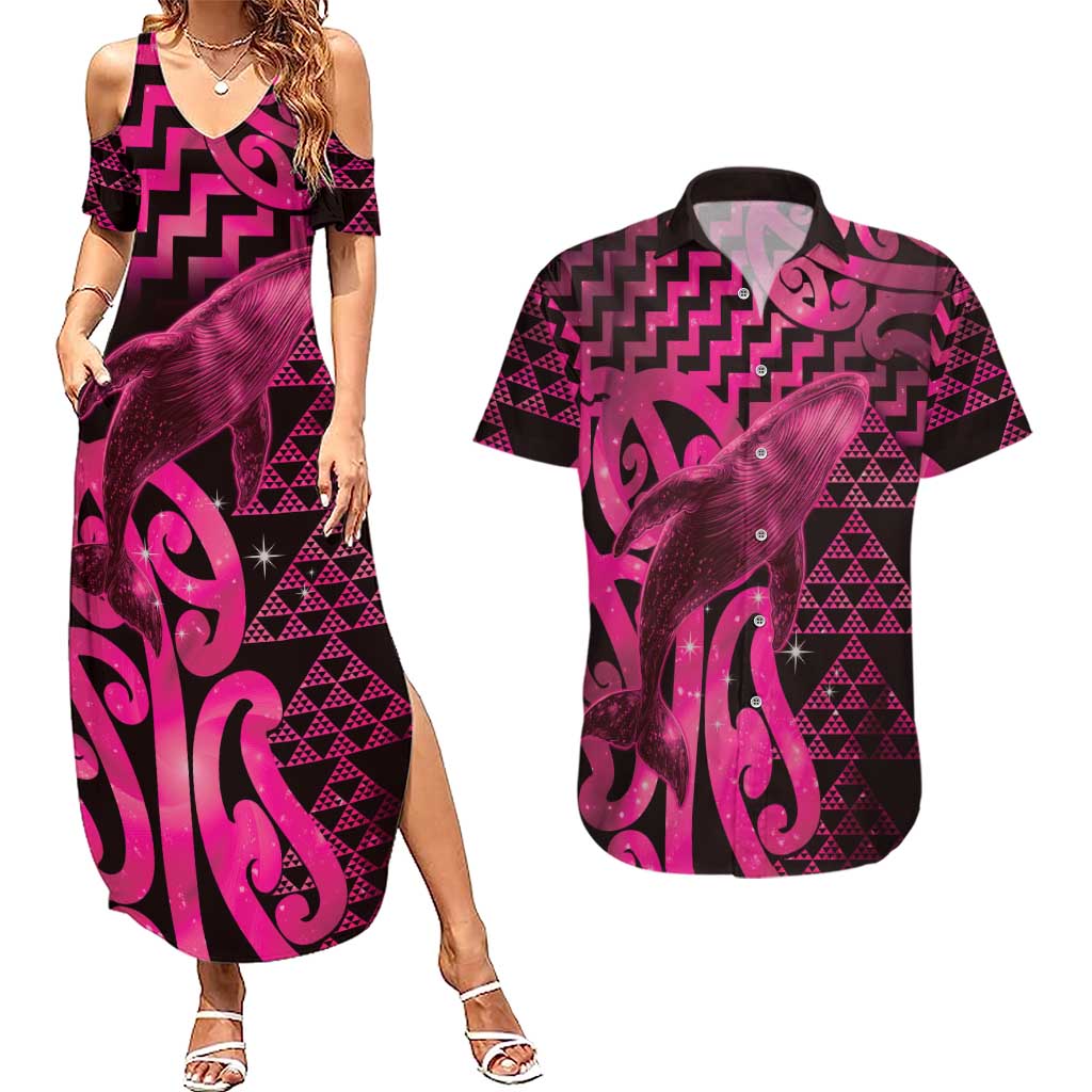 Humpback Whale Matariki New Zealand Couples Matching Summer Maxi Dress and Hawaiian Shirt NZ Maori Paikea Poutama Luxury Pink LT14 Pink - Polynesian Pride