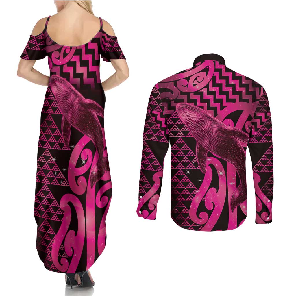 Humpback Whale Matariki New Zealand Couples Matching Summer Maxi Dress and Long Sleeve Button Shirt NZ Maori Paikea Poutama Luxury Pink LT14 - Polynesian Pride