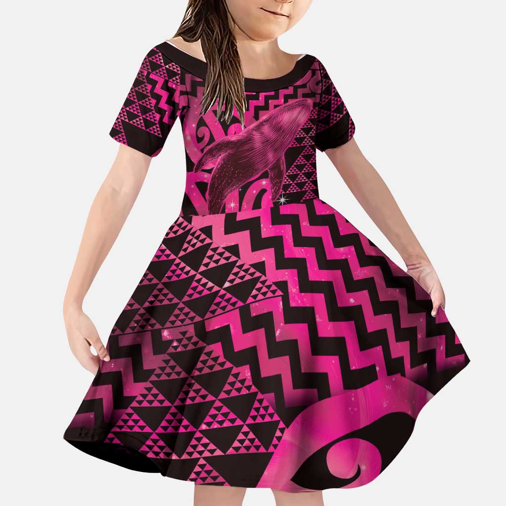 Humpback Whale Matariki New Zealand Family Matching Off The Shoulder Long Sleeve Dress and Hawaiian Shirt NZ Maori Paikea Poutama Luxury Pink LT14 Daughter's Dress Pink - Polynesian Pride