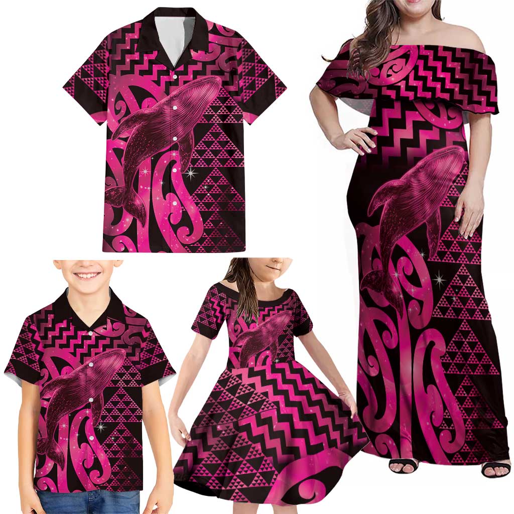 Humpback Whale Matariki New Zealand Family Matching Off Shoulder Maxi Dress and Hawaiian Shirt NZ Maori Paikea Poutama Luxury Pink