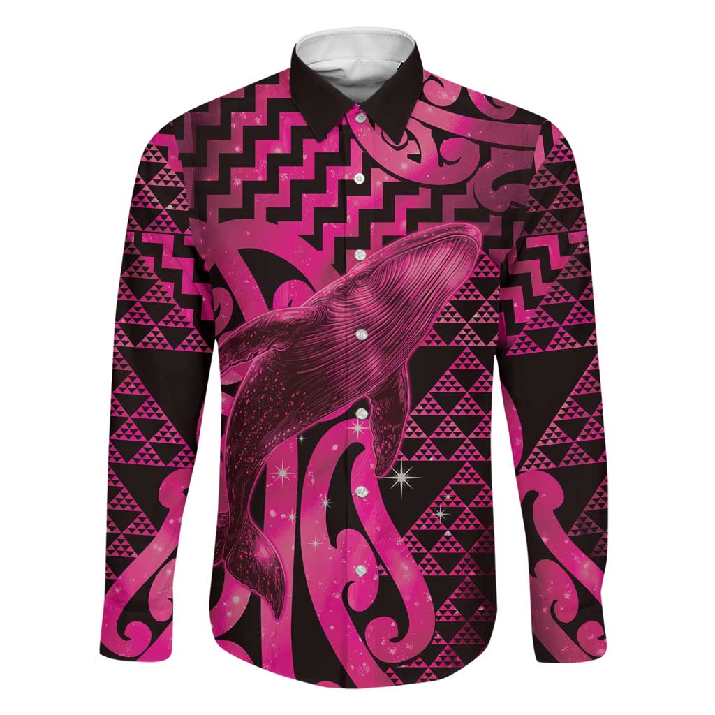 Humpback Whale Matariki New Zealand Family Matching Summer Maxi Dress and Hawaiian Shirt NZ Maori Paikea Poutama Luxury Pink LT14 Dad's Shirt - Long Sleeve Pink - Polynesian Pride