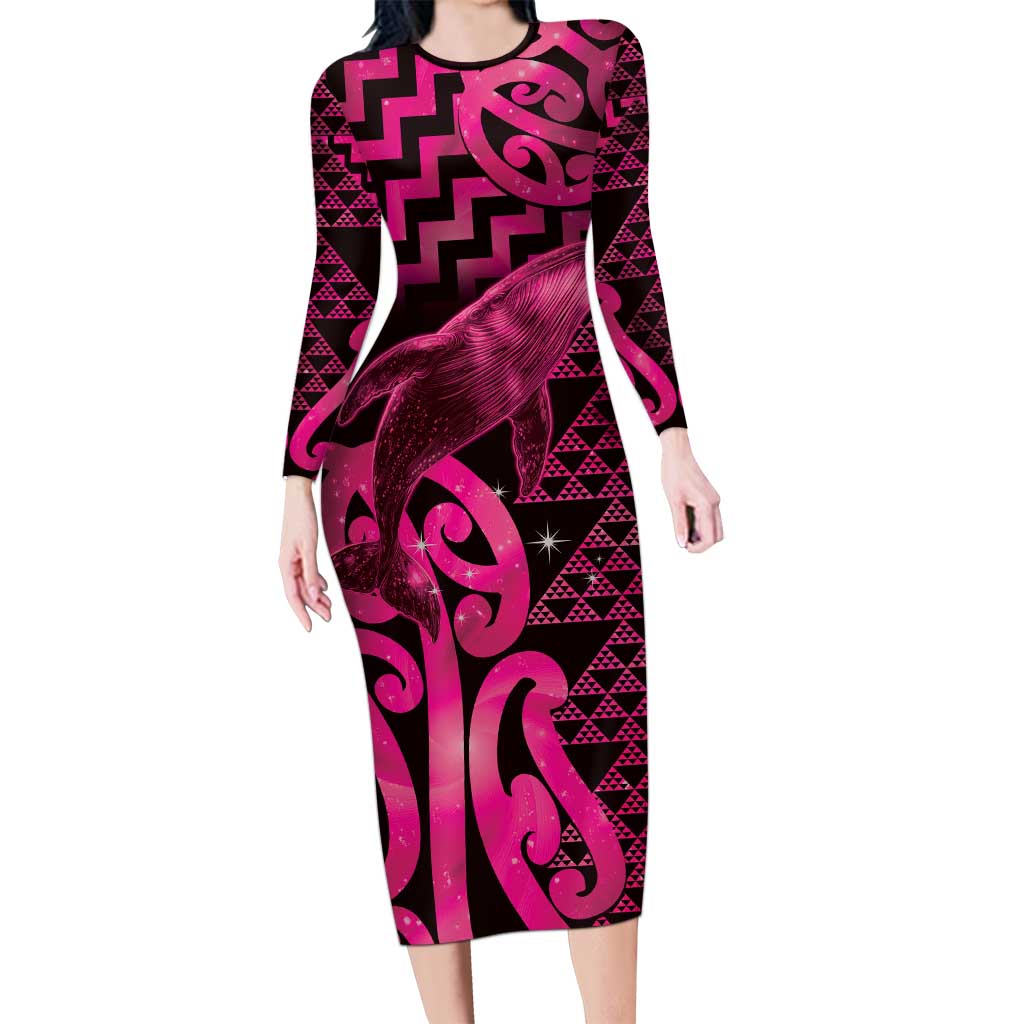 Humpback Whale Matariki New Zealand Long Sleeve Bodycon Dress NZ Maori Paikea Poutama Luxury Pink