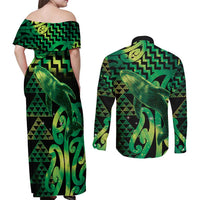Humpback Whale Matariki New Zealand Couples Matching Off Shoulder Maxi Dress and Long Sleeve Button Shirt NZ Maori Paikea Poutama Luxury Green LT14 - Polynesian Pride