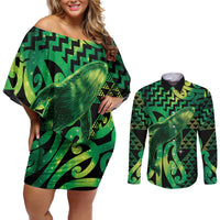 Humpback Whale Matariki New Zealand Couples Matching Off Shoulder Short Dress and Long Sleeve Button Shirt NZ Maori Paikea Poutama Luxury Green LT14 Green - Polynesian Pride
