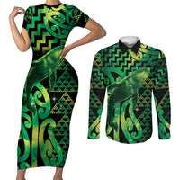 Humpback Whale Matariki New Zealand Couples Matching Short Sleeve Bodycon Dress and Long Sleeve Button Shirt NZ Maori Paikea Poutama Luxury Green LT14 Green - Polynesian Pride