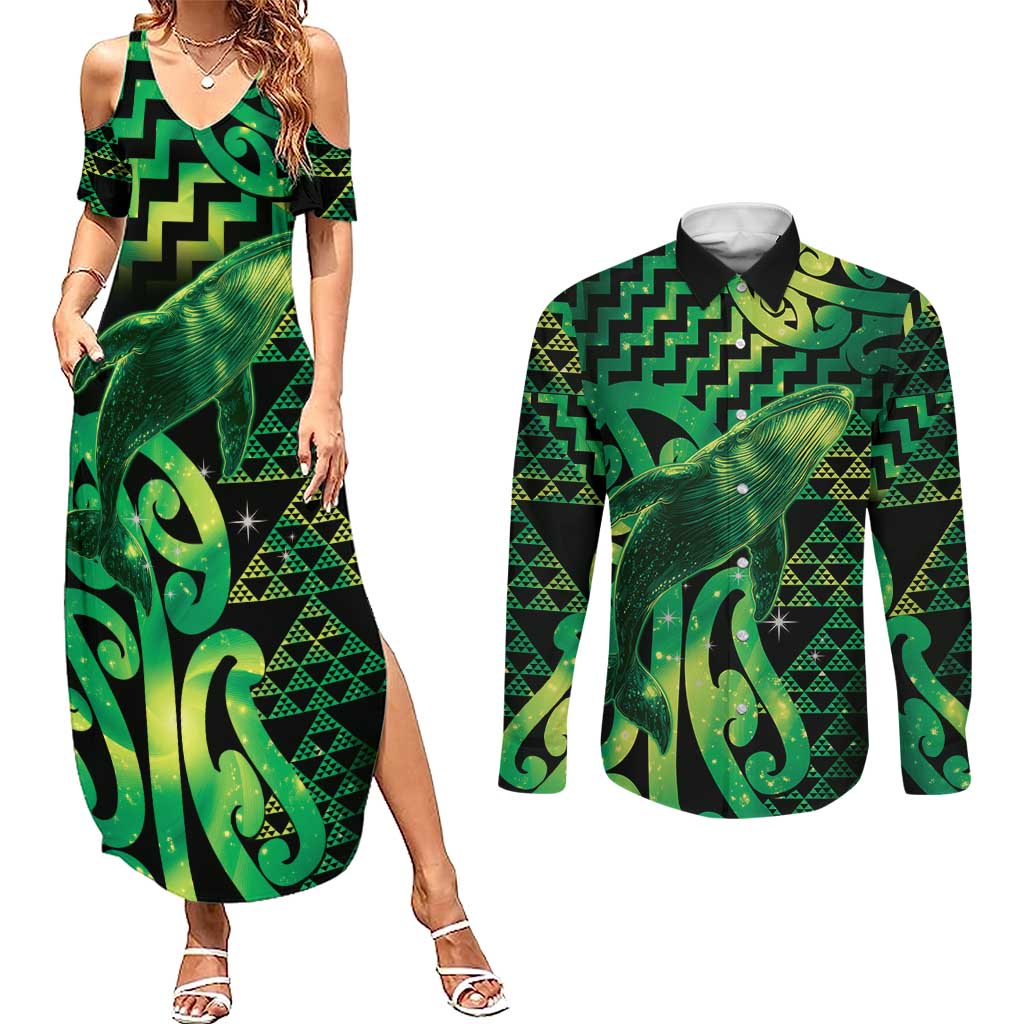 Humpback Whale Matariki New Zealand Couples Matching Summer Maxi Dress and Long Sleeve Button Shirt NZ Maori Paikea Poutama Luxury Green LT14 Green - Polynesian Pride