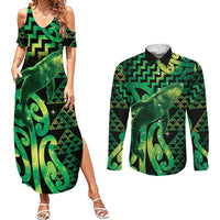 Humpback Whale Matariki New Zealand Couples Matching Summer Maxi Dress and Long Sleeve Button Shirt NZ Maori Paikea Poutama Luxury Green LT14 Green - Polynesian Pride