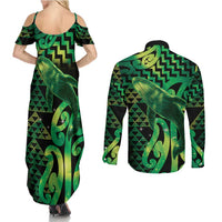 Humpback Whale Matariki New Zealand Couples Matching Summer Maxi Dress and Long Sleeve Button Shirt NZ Maori Paikea Poutama Luxury Green LT14 - Polynesian Pride