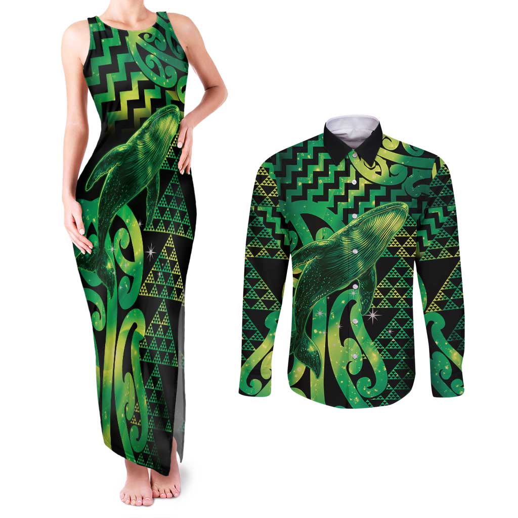 Humpback Whale Matariki New Zealand Couples Matching Tank Maxi Dress and Long Sleeve Button Shirt NZ Maori Paikea Poutama Luxury Green LT14 Green - Polynesian Pride