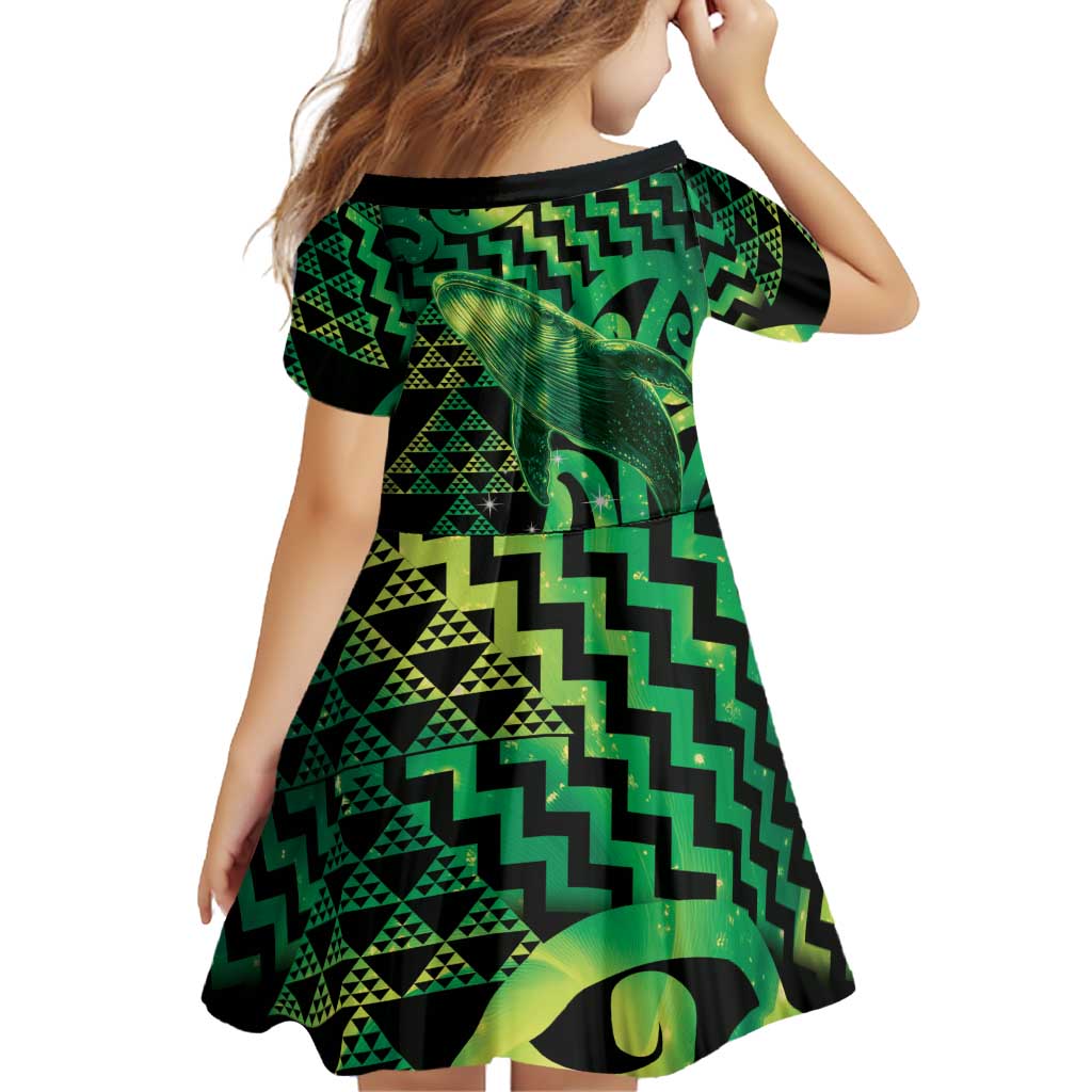 Humpback Whale Matariki New Zealand Family Matching Off The Shoulder Long Sleeve Dress and Hawaiian Shirt NZ Maori Paikea Poutama Luxury Green LT14 - Polynesian Pride