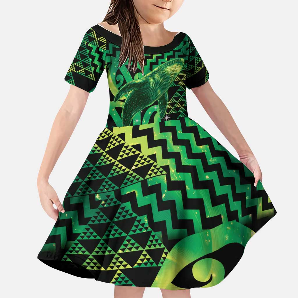Humpback Whale Matariki New Zealand Family Matching Off Shoulder Maxi Dress and Hawaiian Shirt NZ Maori Paikea Poutama Luxury Green LT14 Daughter's Dress Green - Polynesian Pride