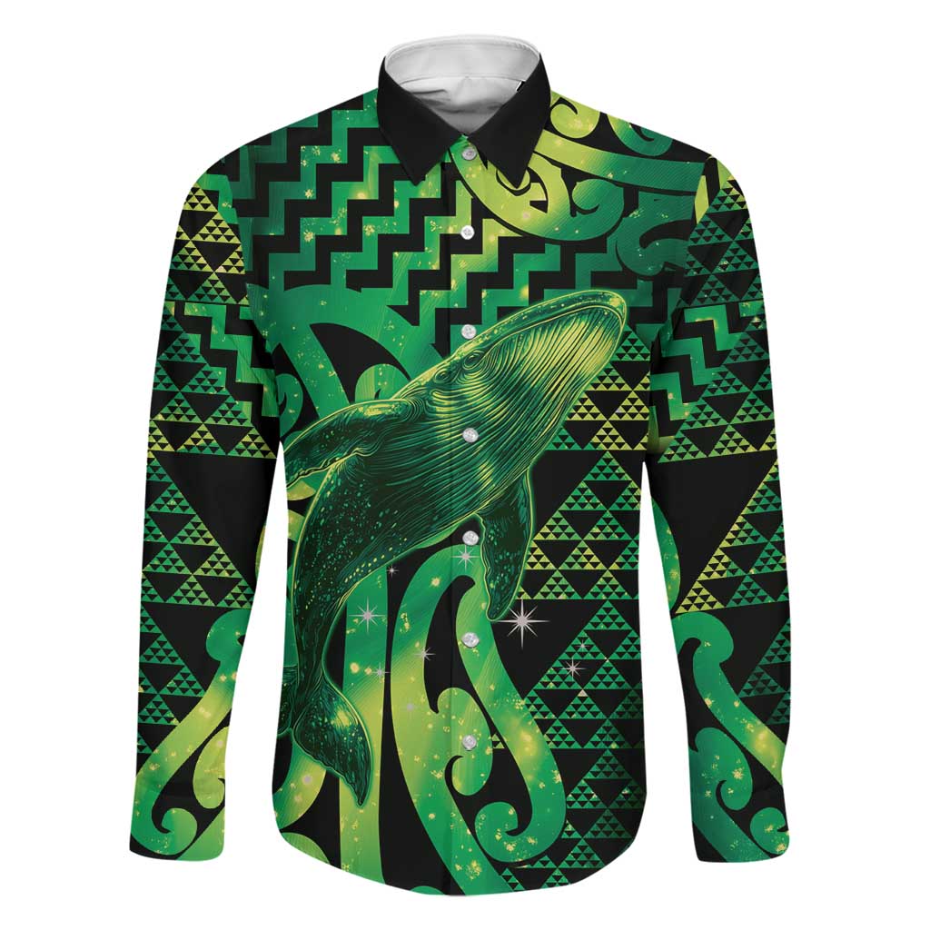 Humpback Whale Matariki New Zealand Family Matching Off Shoulder Short Dress and Hawaiian Shirt NZ Maori Paikea Poutama Luxury Green LT14 Dad's Shirt - Long Sleeve Green - Polynesian Pride