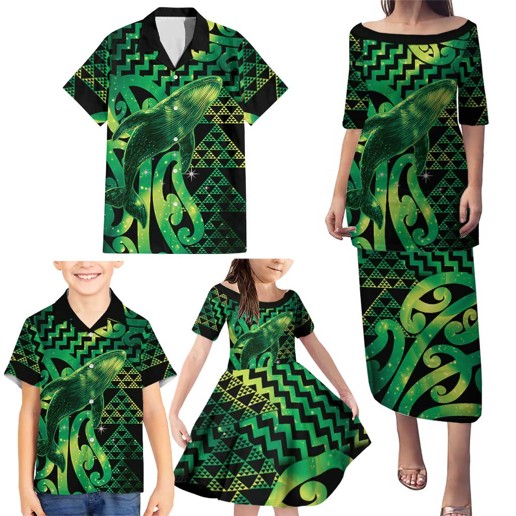 Humpback Whale Matariki New Zealand Family Matching Puletasi and Hawaiian Shirt NZ Maori Paikea Poutama Luxury Green