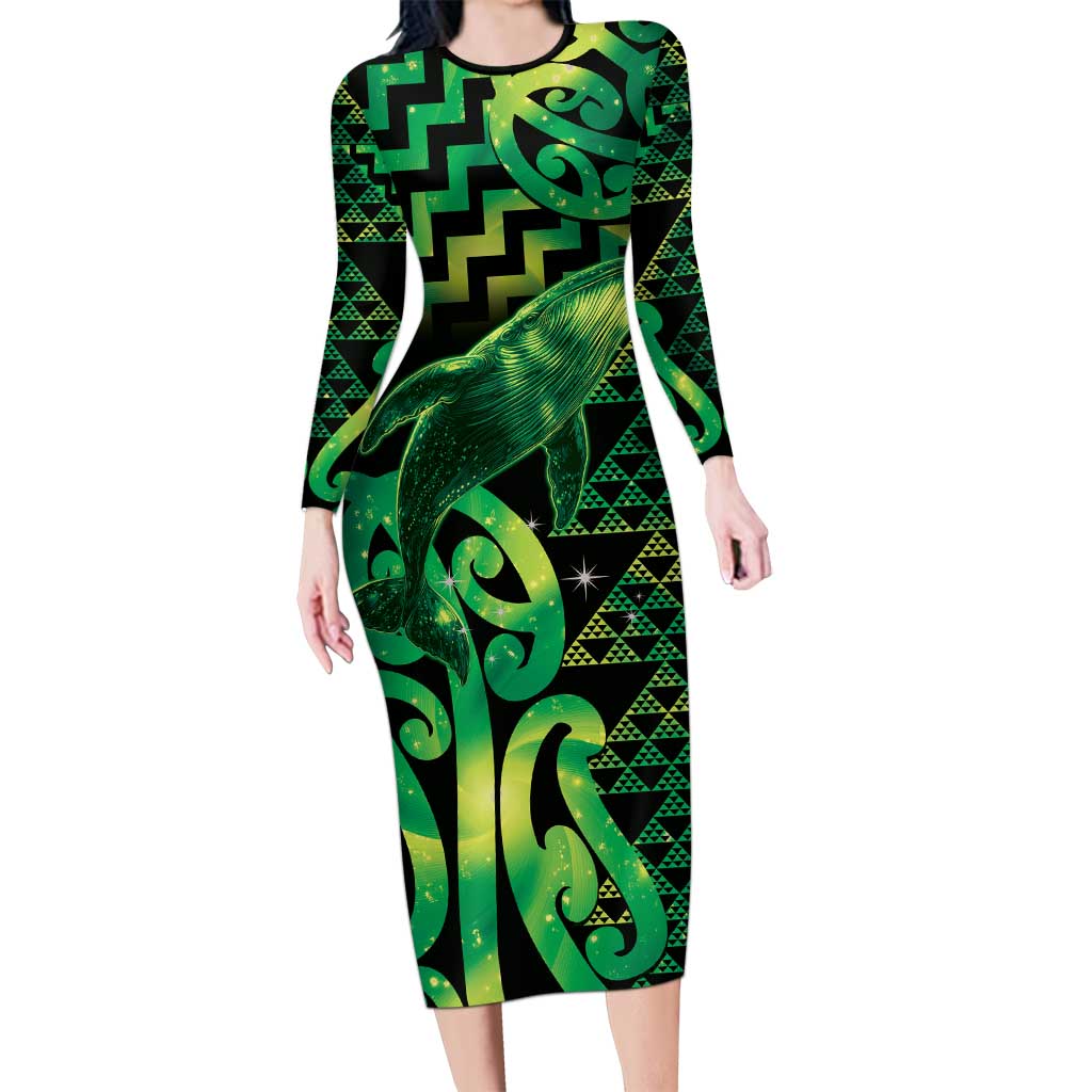 Humpback Whale Matariki New Zealand Long Sleeve Bodycon Dress NZ Maori Paikea Poutama Luxury Green