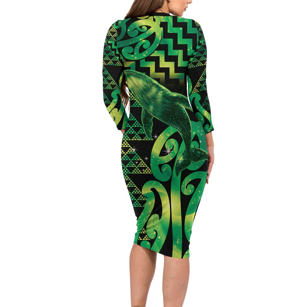 Humpback Whale Matariki New Zealand Long Sleeve Bodycon Dress NZ Maori Paikea Poutama Luxury Green LT14 - Polynesian Pride