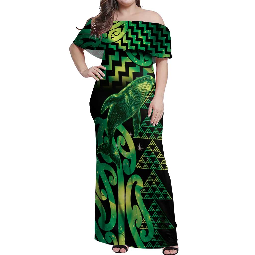 Humpback Whale Matariki New Zealand Off Shoulder Maxi Dress NZ Maori Paikea Poutama Luxury Green LT14 Women Green - Polynesian Pride