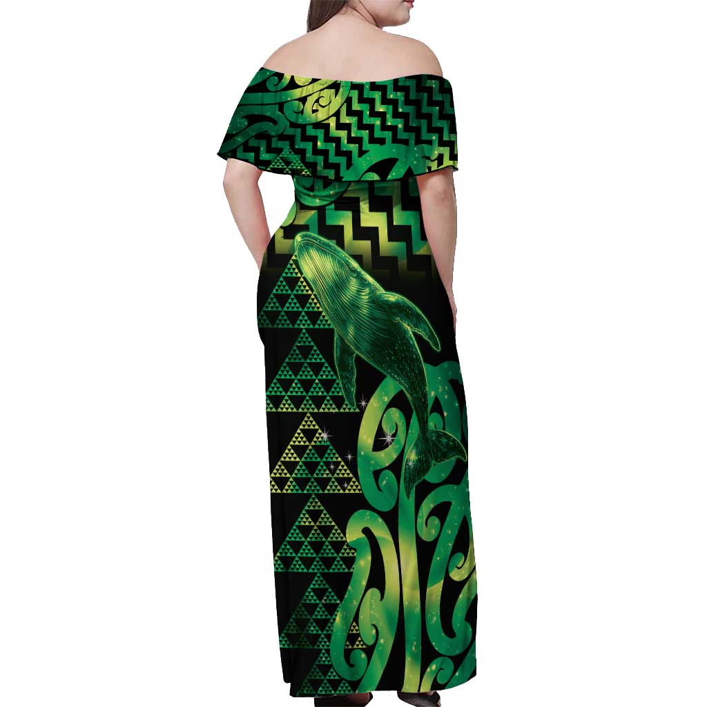 Humpback Whale Matariki New Zealand Off Shoulder Maxi Dress NZ Maori Paikea Poutama Luxury Green LT14 - Polynesian Pride