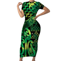 Humpback Whale Matariki New Zealand Short Sleeve Bodycon Dress NZ Maori Paikea Poutama Luxury Green LT14 Long Dress Green - Polynesian Pride