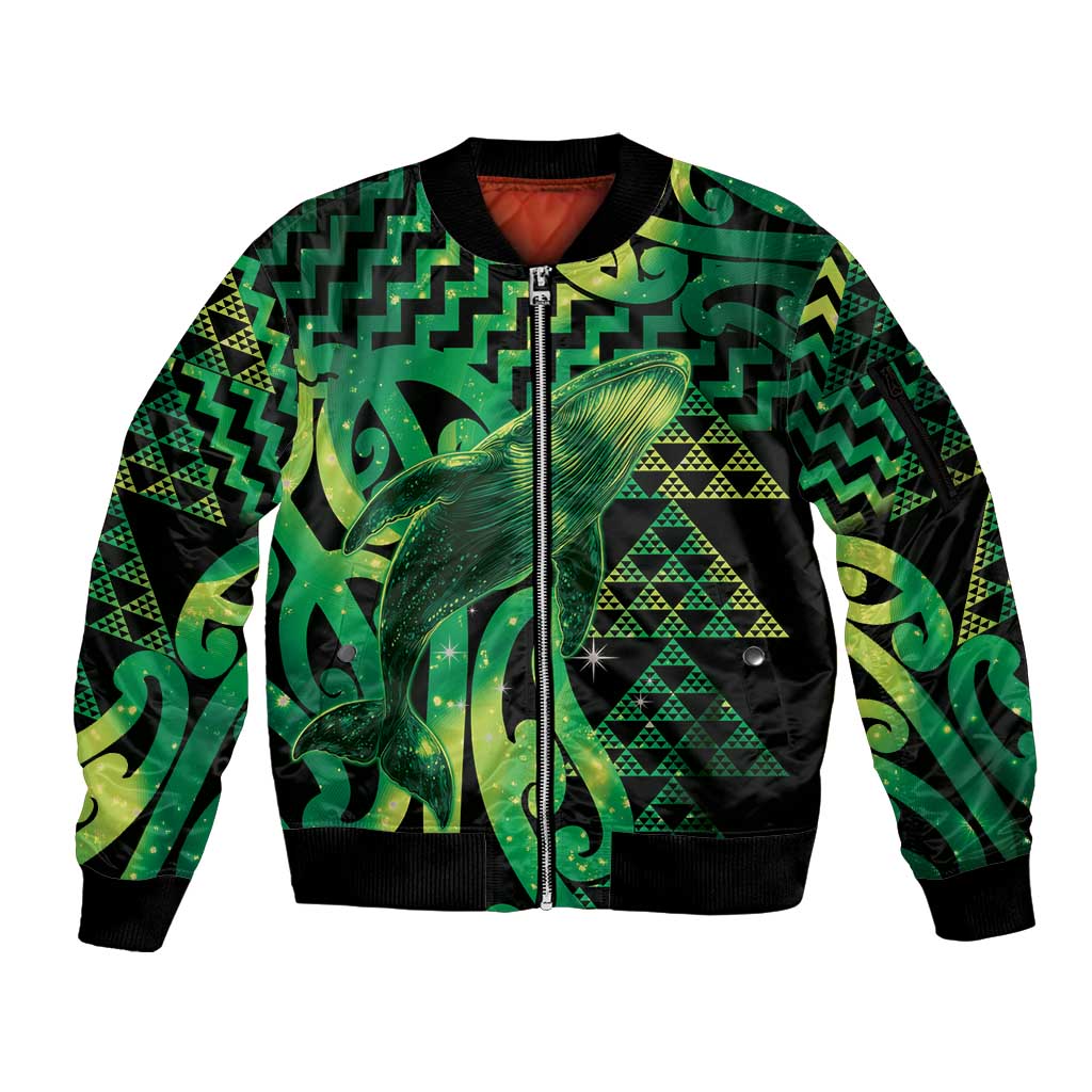 Humpback Whale Matariki New Zealand Sleeve Zip Bomber Jacket NZ Maori Paikea Poutama Luxury Green