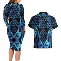 Taniko Motifs Matariki New Zealand Couples Matching Long Sleeve Bodycon Dress and Hawaiian Shirt NZ Niho Taniwha Poutama