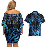 Taniko Motifs Matariki New Zealand Couples Matching Off Shoulder Short Dress and Hawaiian Shirt NZ Niho Taniwha Poutama LT14 - Polynesian Pride