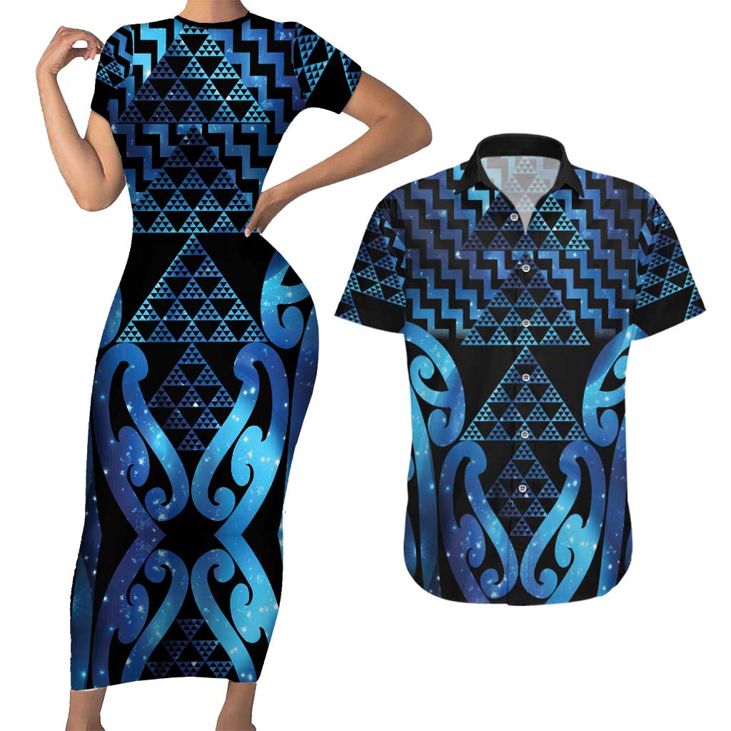 Taniko Motifs Matariki New Zealand Couples Matching Short Sleeve Bodycon Dress and Hawaiian Shirt NZ Niho Taniwha Poutama LT14 Blue - Polynesian Pride