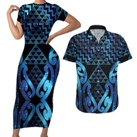 Taniko Motifs Matariki New Zealand Couples Matching Short Sleeve Bodycon Dress and Hawaiian Shirt NZ Niho Taniwha Poutama LT14 Blue - Polynesian Pride