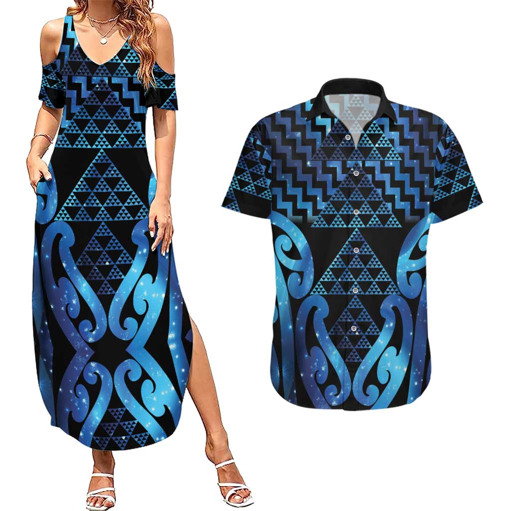 Taniko Motifs Matariki New Zealand Couples Matching Summer Maxi Dress and Hawaiian Shirt NZ Niho Taniwha Poutama