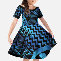 Taniko Motifs Matariki New Zealand Family Matching Off Shoulder Maxi Dress and Hawaiian Shirt NZ Niho Taniwha Poutama LT14 Daughter's Dress Blue - Polynesian Pride