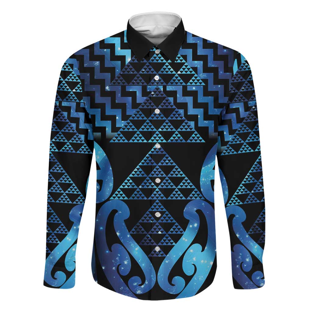 Taniko Motifs Matariki New Zealand Family Matching Tank Maxi Dress and Hawaiian Shirt NZ Niho Taniwha Poutama LT14 Dad's Shirt - Long Sleeve Blue - Polynesian Pride