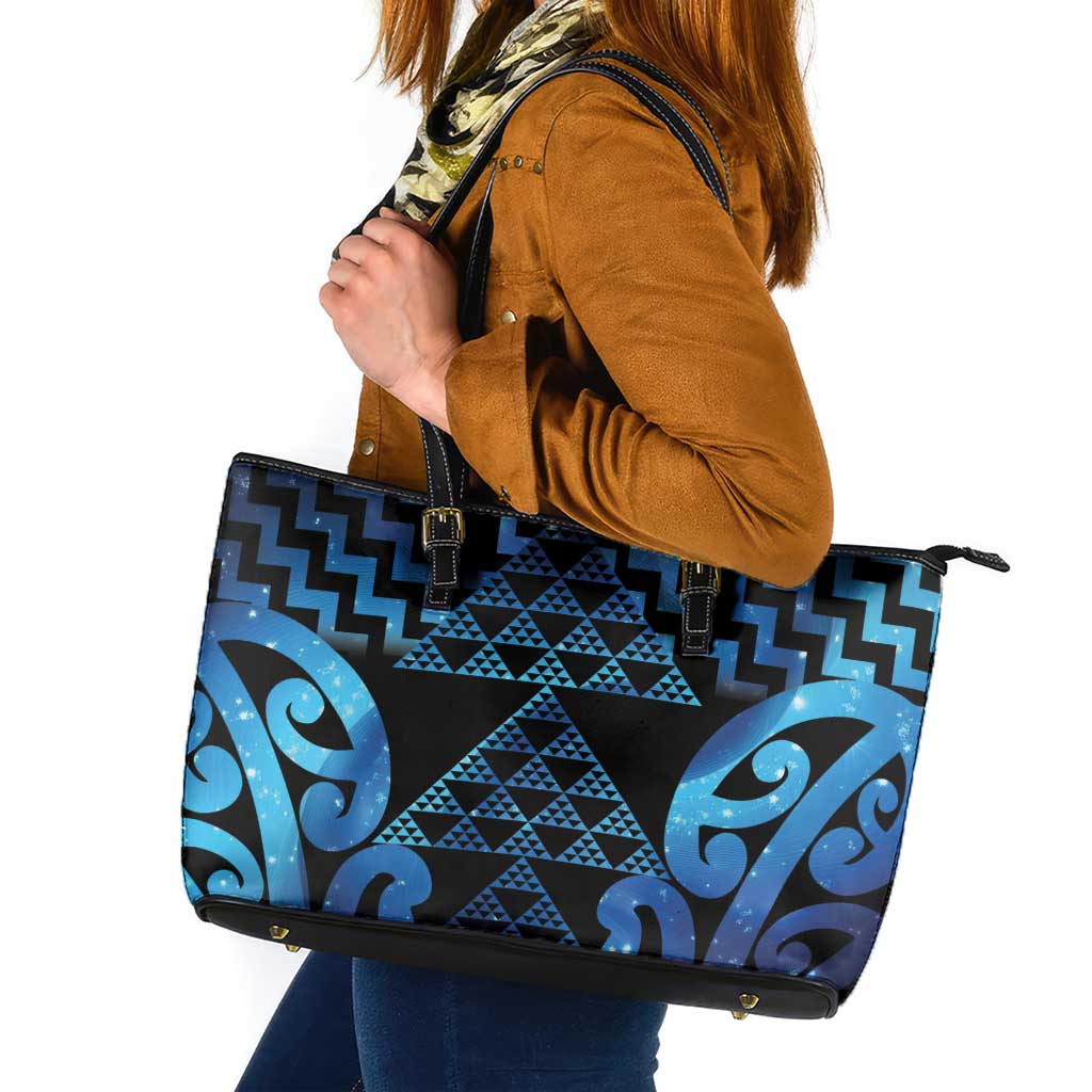 Taniko Motifs Matariki New Zealand Leather Tote Bag NZ Niho Taniwha Poutama
