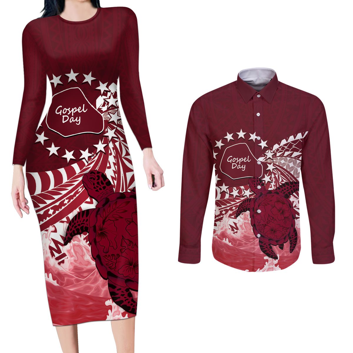 Cook Islands Mangaia Gospel Day Couples Matching Long Sleeve Bodycon Dress and Long Sleeve Button Shirt Polynesian Art With Sea Turtle