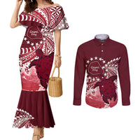 Cook Islands Mangaia Gospel Day Couples Matching Mermaid Dress and Long Sleeve Button Shirt Polynesian Art With Sea Turtle
