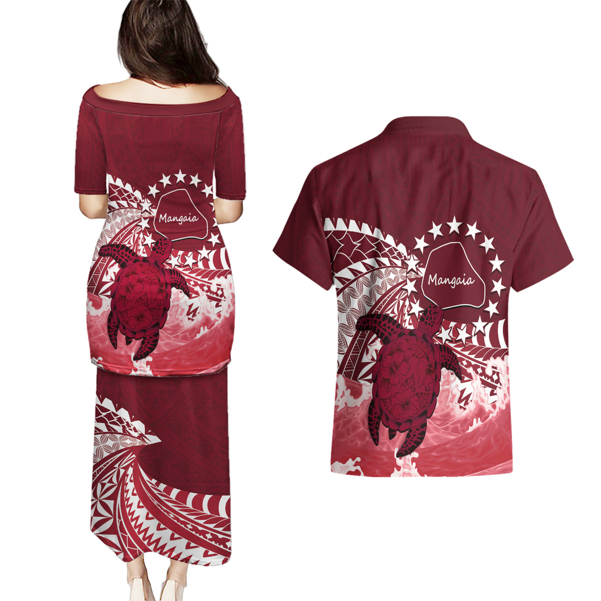 Cook Islands Mangaia Gospel Day Couples Matching Puletasi and Hawaiian Shirt Polynesian Art With Sea Turtle