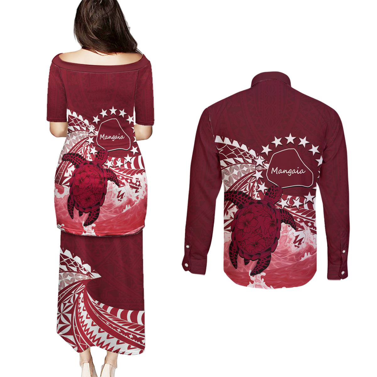 Cook Islands Mangaia Gospel Day Couples Matching Puletasi and Long Sleeve Button Shirt Polynesian Art With Sea Turtle