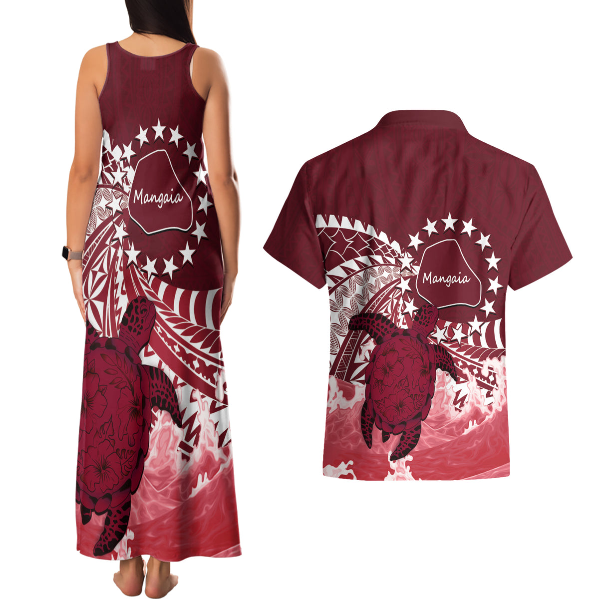 Cook Islands Mangaia Gospel Day Couples Matching Tank Maxi Dress and Hawaiian Shirt Polynesian Art With Sea Turtle