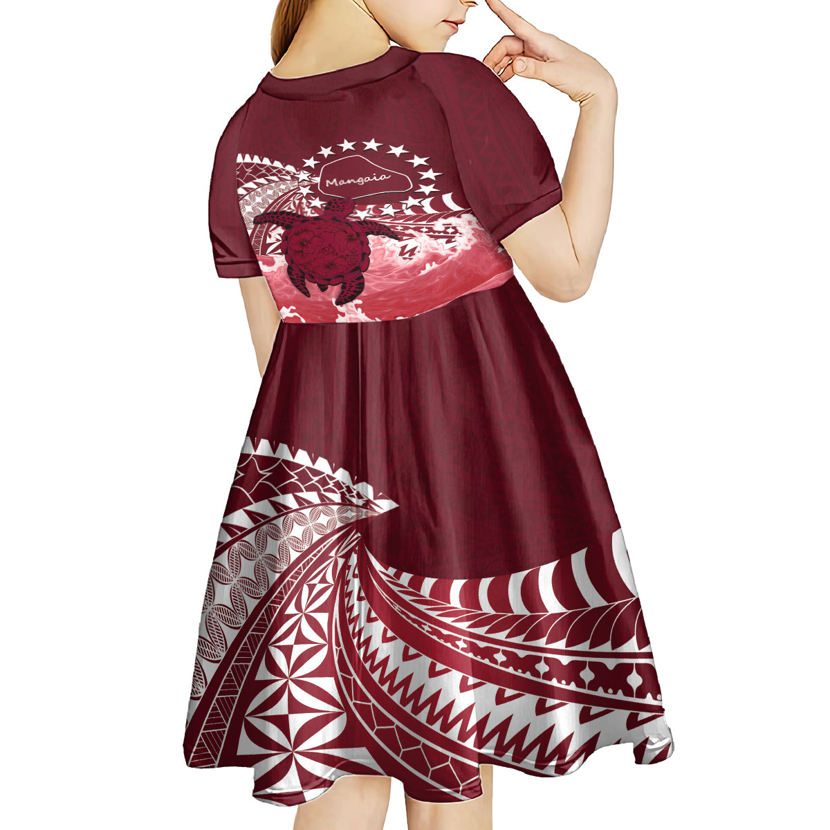 Cook Islands Mangaia Gospel Day Kid Short Sleeve Dress Polynesian Art With Sea Turtle