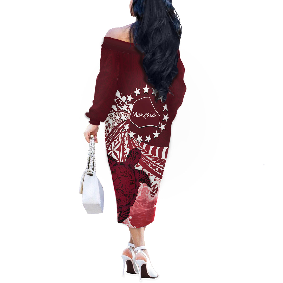Cook Islands Mangaia Gospel Day Off The Shoulder Long Sleeve Dress Polynesian Art With Sea Turtle