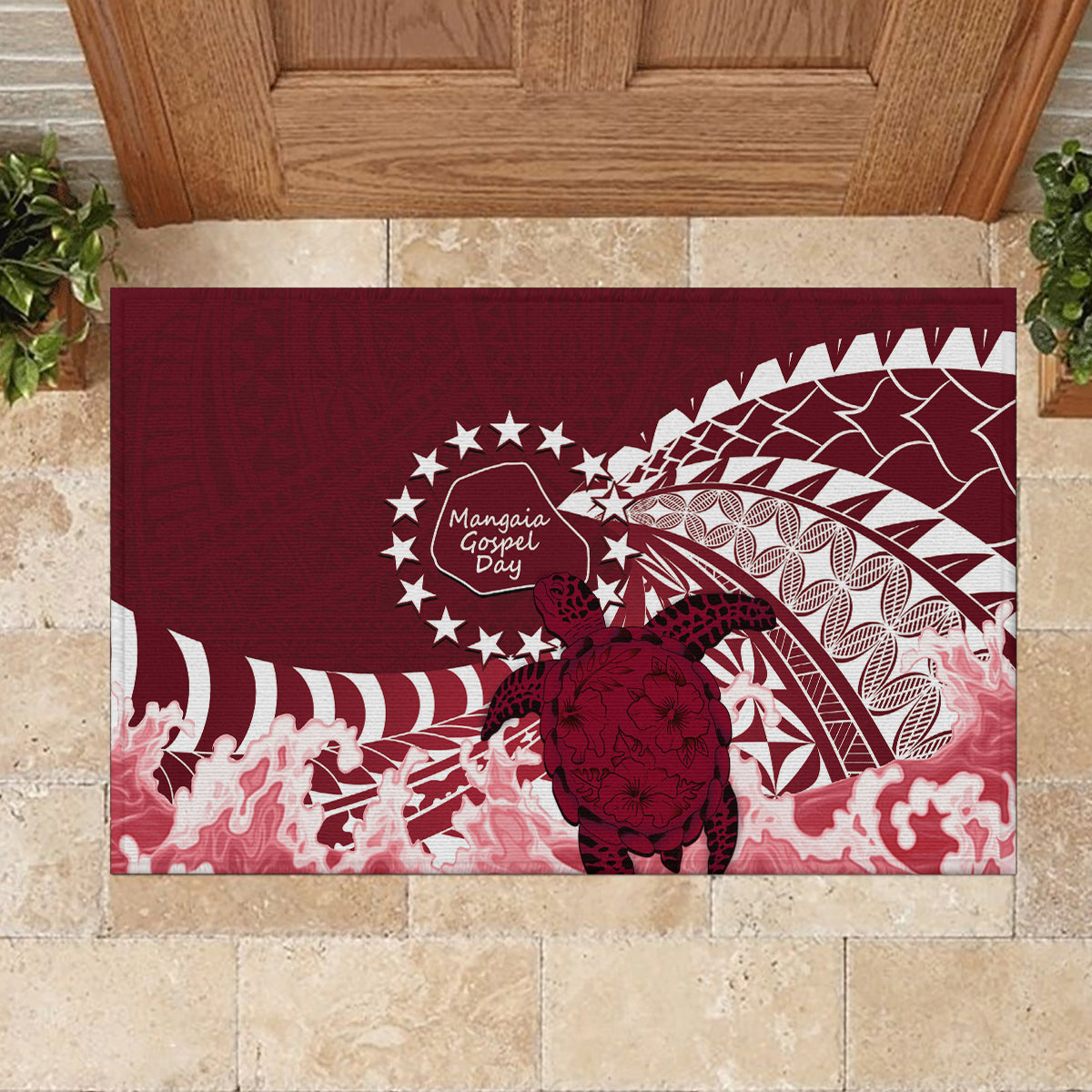 Cook Islands Mangaia Gospel Day Rubber Doormat Polynesian Art With Sea Turtle