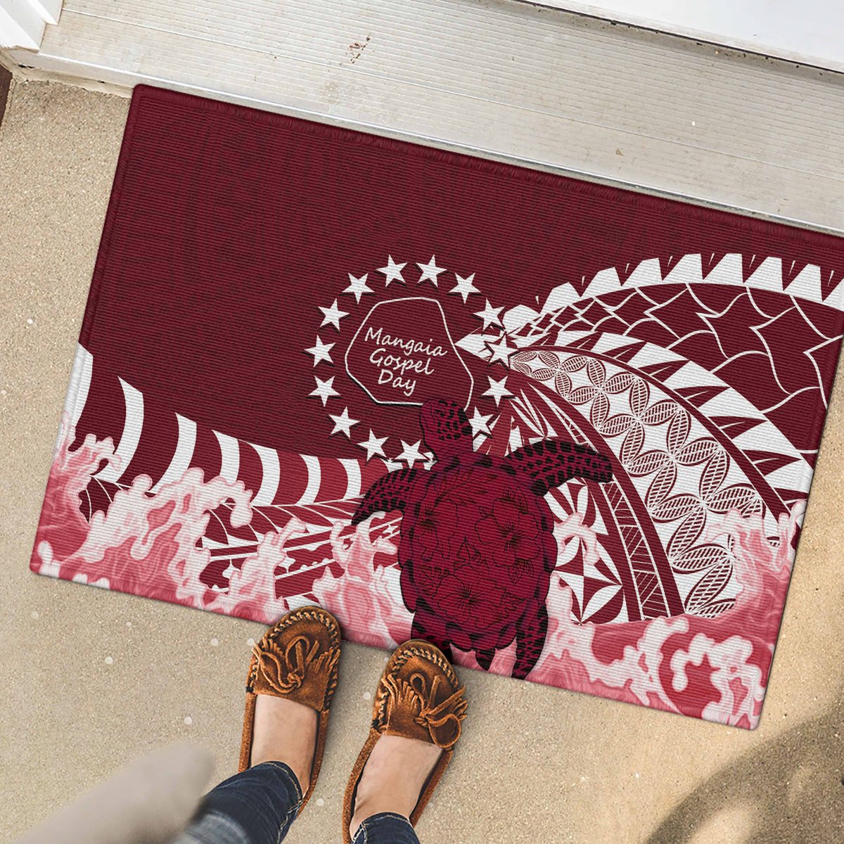 Cook Islands Mangaia Gospel Day Rubber Doormat Polynesian Art With Sea Turtle