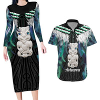 Aotearoa Korowai Motif Couples Matching Long Sleeve Bodycon Dress and Hawaiian Shirt Hei Tiki Poutama Maori Pattern LT14 Turquoise - Polynesian Pride