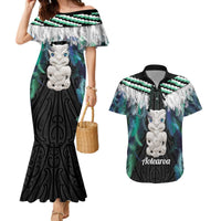 Aotearoa Korowai Motif Couples Matching Mermaid Dress and Hawaiian Shirt Hei Tiki Poutama Maori Pattern LT14 Turquoise - Polynesian Pride