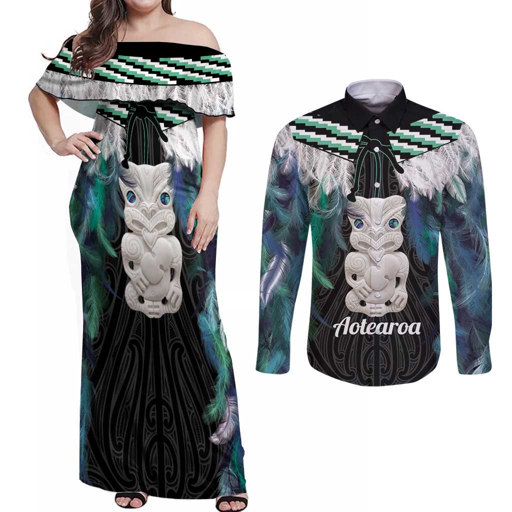 Aotearoa Korowai Motif Couples Matching Off Shoulder Maxi Dress and Long Sleeve Button Shirt Hei Tiki Poutama Maori Pattern LT14 Turquoise - Polynesian Pride