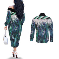Aotearoa Korowai Motif Couples Matching Off The Shoulder Long Sleeve Dress and Long Sleeve Button Shirt Hei Tiki Poutama Maori Pattern