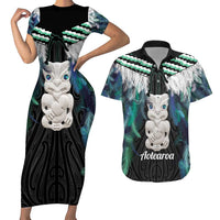 Aotearoa Korowai Motif Couples Matching Short Sleeve Bodycon Dress and Hawaiian Shirt Hei Tiki Poutama Maori Pattern LT14 Turquoise - Polynesian Pride