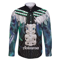 Aotearoa Korowai Motif Family Matching Mermaid Dress and Hawaiian Shirt Hei Tiki Poutama Maori Pattern LT14 Dad's Shirt - Long Sleeve Turquoise - Polynesian Pride